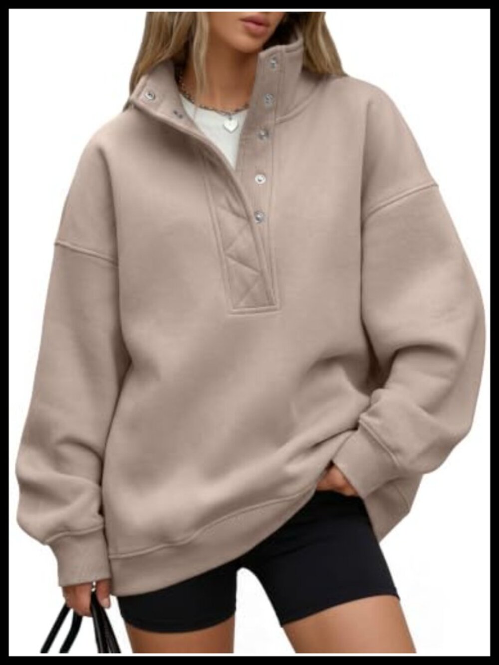 Oversized Snap Button Henley Sweatshirt Cotton Polyester Pullover